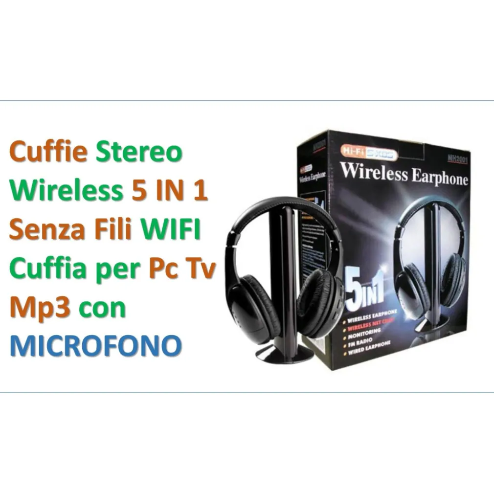 CUFFIA CUFFIE WIRELESS 5 IN 1 SENZA FILI WI-FI MICROFONO RADIO FM