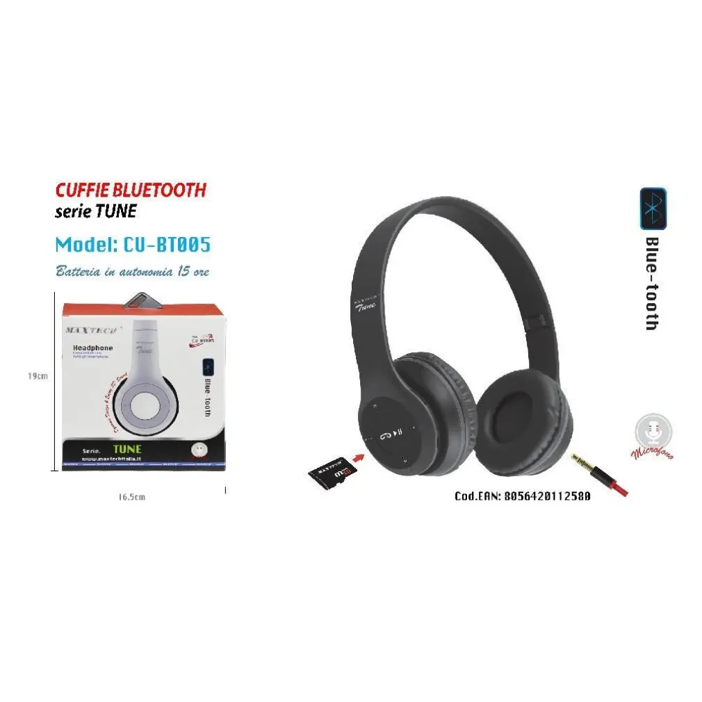 CUFFIE BLUETOOTH SERIE TUNE MICROFONO PER SMARTPHONE MUSICA MAXTECH CU-BT005