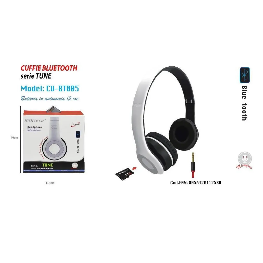 CUFFIE BLUETOOTH SERIE TUNE MICROFONO PER SMARTPHONE MUSICA MAXTECH CU-BT005