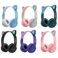 CUFFIE BLUETOOTH WIRELESS GAMING AURICOLARE LED ORECCHIE GATTO SMARTPHONE Q-EM51