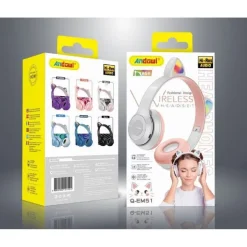 CUFFIE BLUETOOTH WIRELESS GAMING AURICOLARE LED ORECCHIE GATTO SMARTPHONE Q-EM51