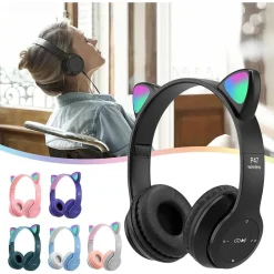 CUFFIE PER BAMBINI PIEGHEVOLI SENZA FILI CON ORECCHIE DI GATTO A LED BLUETOOTH
