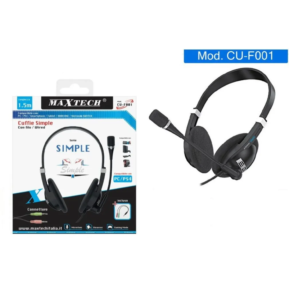 CUFFIE PER PC/PS4 STEREO AUDIO MICROFONO GIOCHI MUSICA CON FILO MAXTECH CU-F001