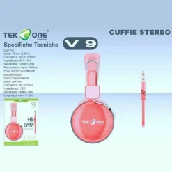 CUFFIE STEREO TEKONE V9 CON MICROFONO DINAMICHE HEADPHONES HI-FI ROSA AZZURRO