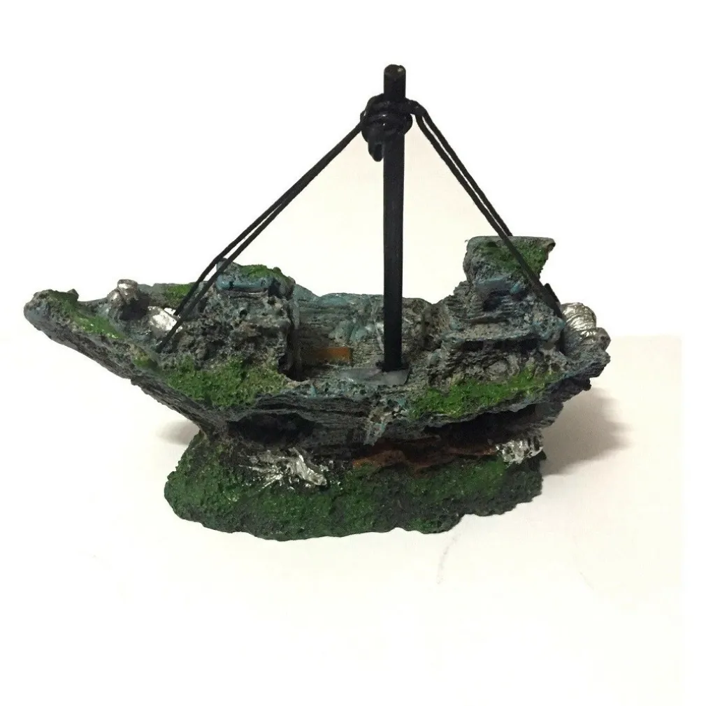DECORAZIONE PER ACQUARIO RELITTO NAVE IMBARCAZIONE RESINA PESCI ACQUA BARCA
