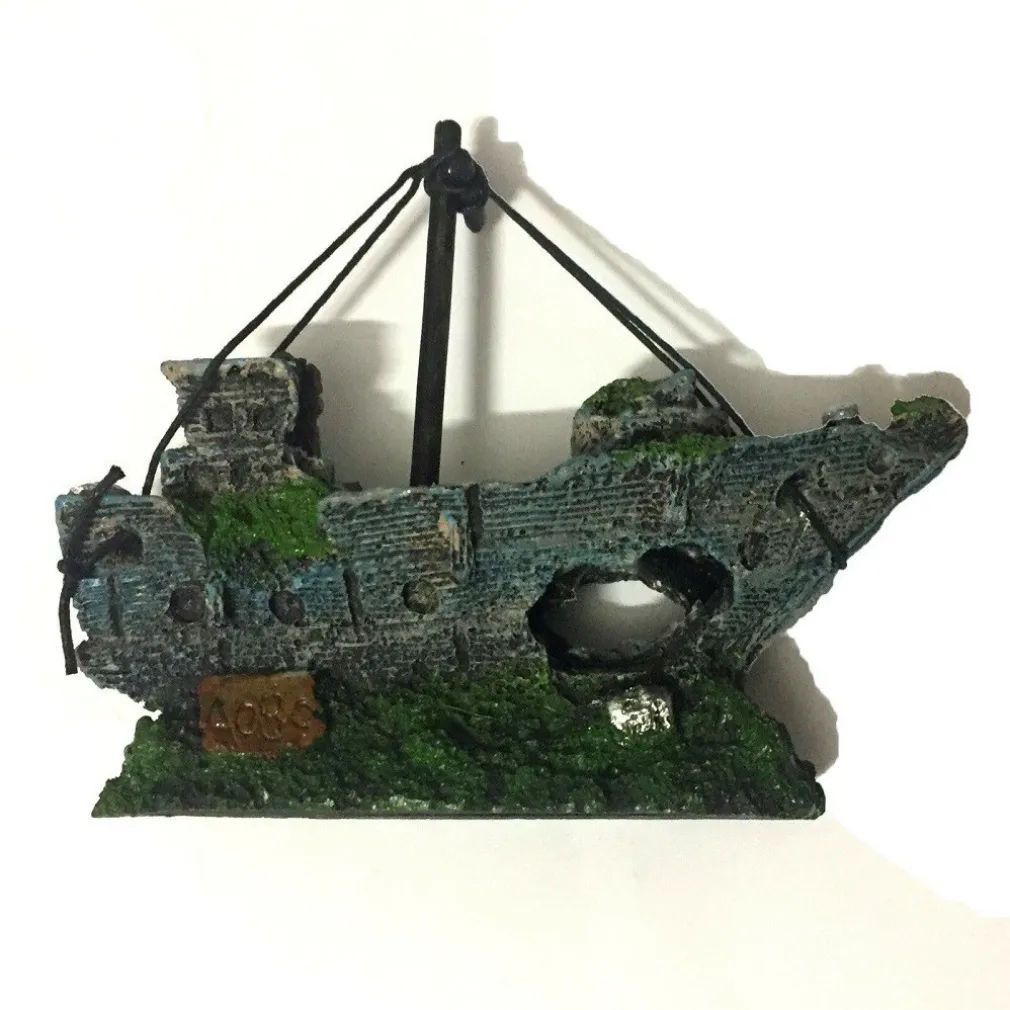 DECORAZIONE PER ACQUARIO RELITTO NAVE IMBARCAZIONE RESINA PESCI ACQUA BARCA