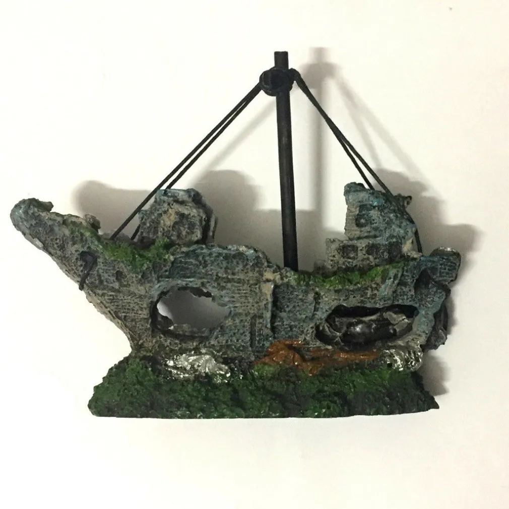 DECORAZIONE PER ACQUARIO RELITTO NAVE IMBARCAZIONE RESINA PESCI ACQUA BARCA