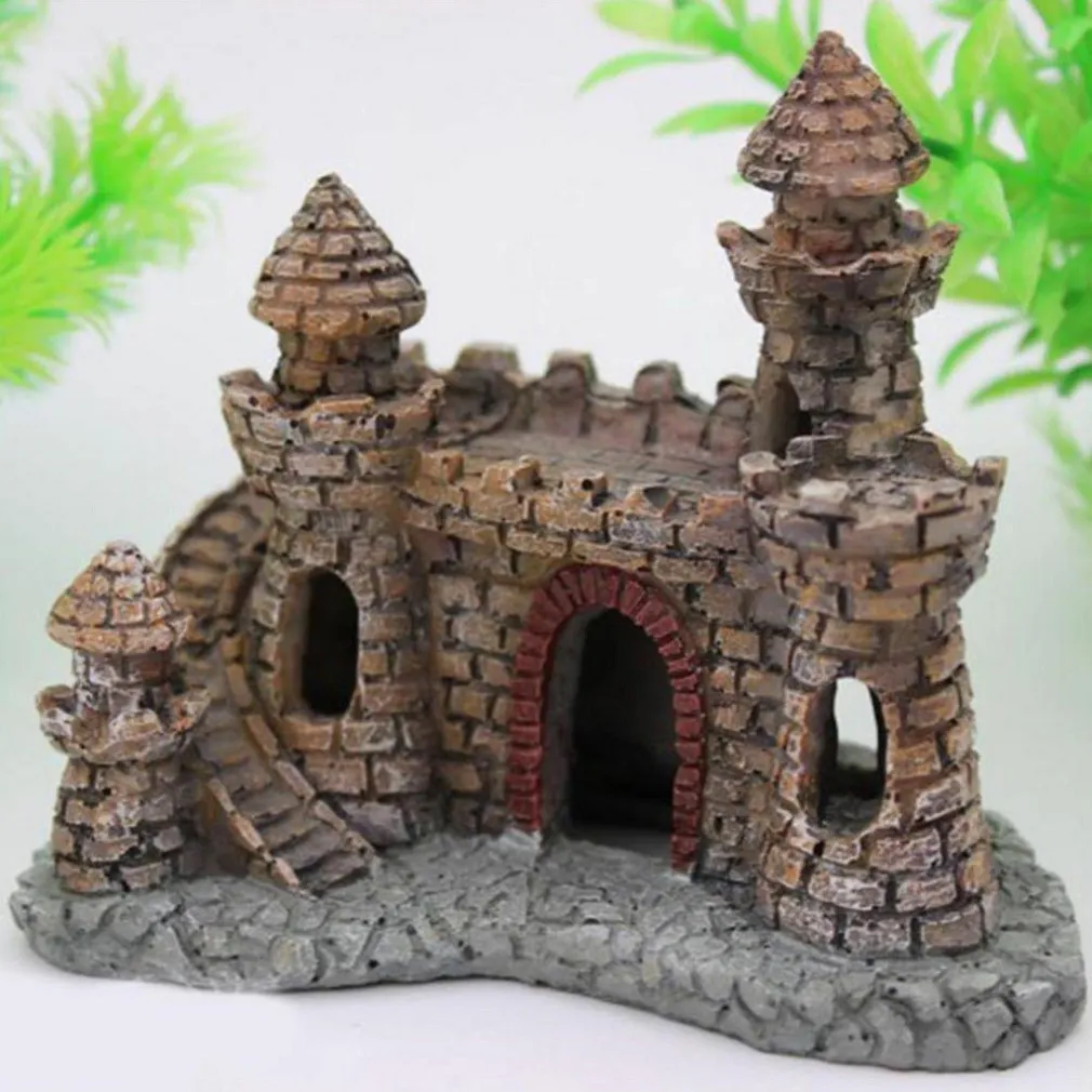 DECORAZIONE PER ACQUARIO CASTELLO CON TORRE RESINA PESCI ACQUA H10 CM ORNAMENTO