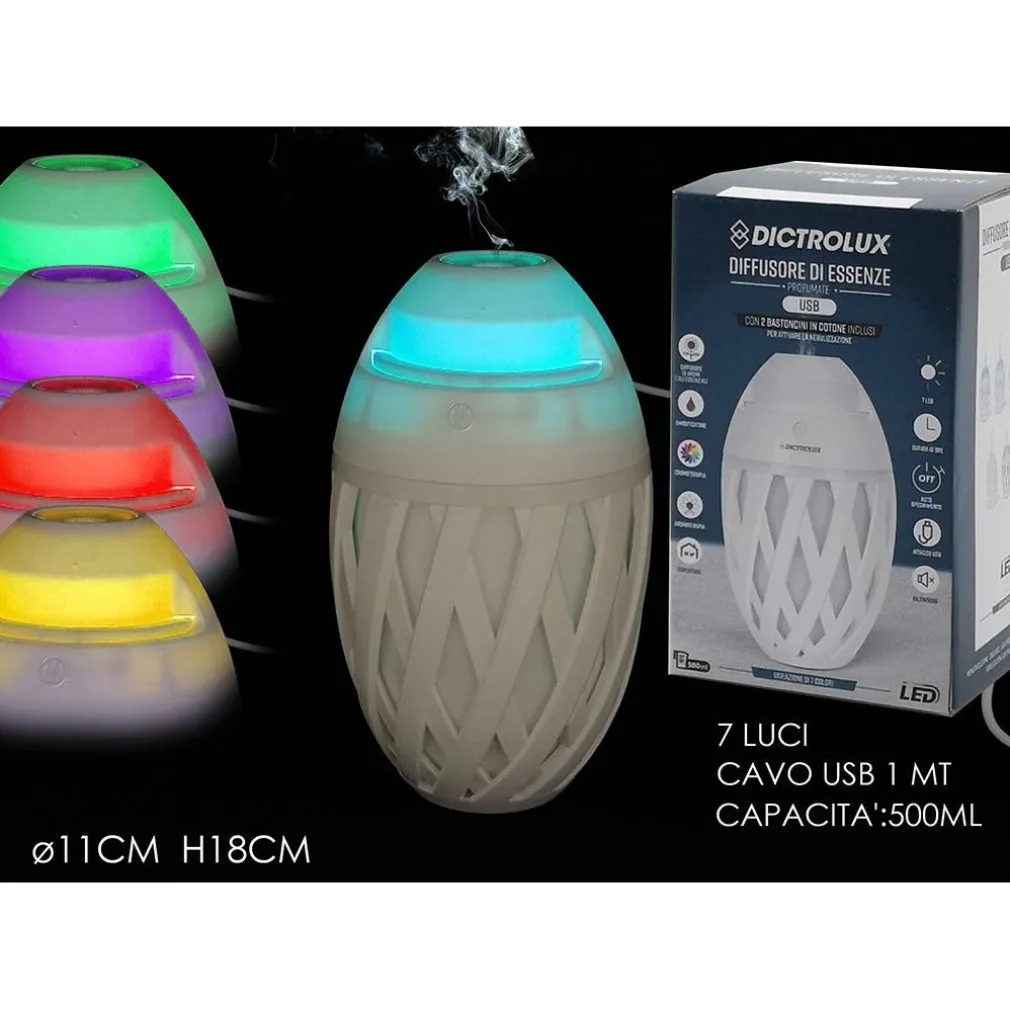 DIFFUSORE DI ESSENZE PROFUMATE A ULTRASUONI 7 LUCI LED USB Ø11CM H18CM PER CROMOTERAPIA
