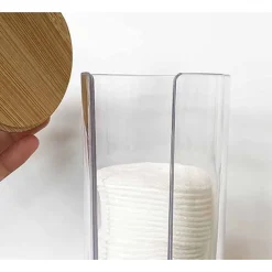 DISPENSER PORTA DISCHETTI STRUCCANTI TRASPARENTE CON COPERCHIO IN LEGNO 7.5X18.6CM 10824