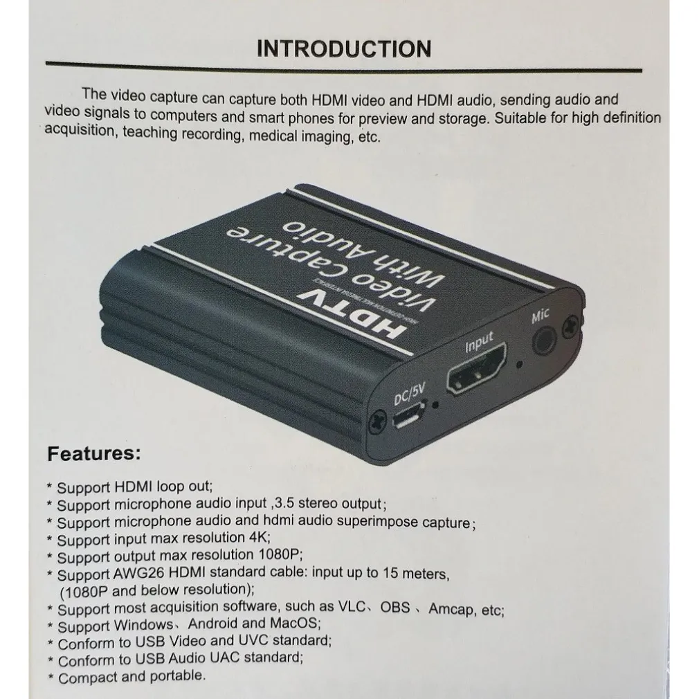 DISPOSITIVO ACQUISIZIONE VIDEO AUDIO REGISTRATORE Q-HD485 HDTV 4K USB COMPUTER