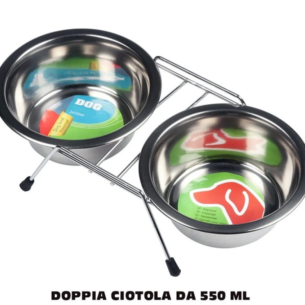 DOPPIA CIOTOLA CON SUPPORTO PER CANI 2X550ML PER CIBO ACQUA CROCCHETTE ACCIAIO