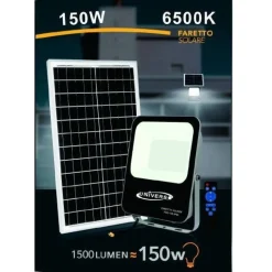 FARETTO FARO LED SOLARE 150 WATT CON TELECOMANDO IP65 LUCE FREDDA 6500K FSO-150W