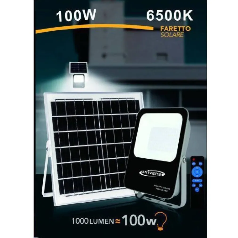 FARETTO FARO LED SOLARE 100 WATT CON TELECOMANDO IP65 LUCE FREDDA 6500K FSO-100W