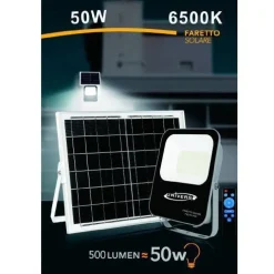 FARETTO FARO LED SOLARE 50WATT TELECOMANDO IP65 LUCE BIANCO FREDDA 6500K FSO-50W
