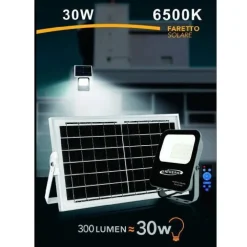 FARETTO FARO LED SOLARE 30W CON TELECOMANDO IP65 LUCE BIANCO FREDDA 6500K FSO30W