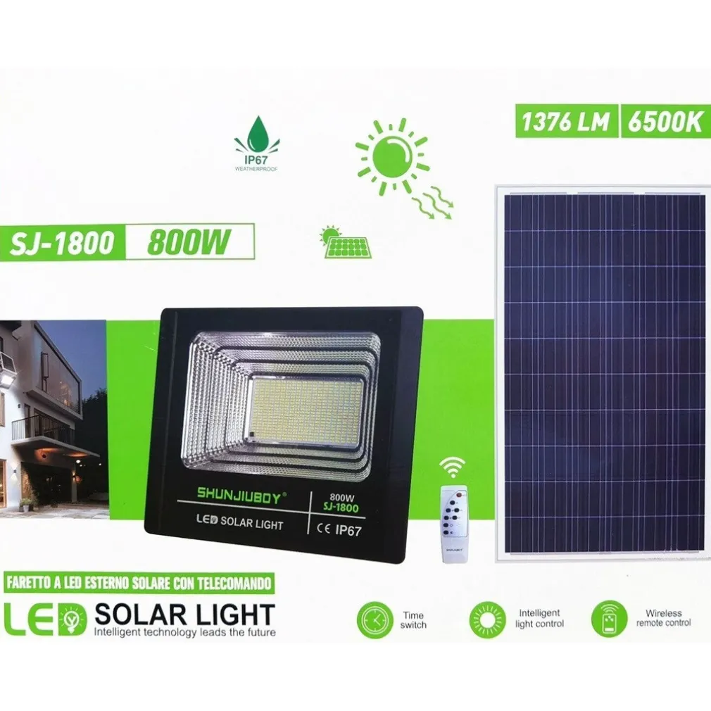 FARETTO LED ESTERNO CON PANNELLO ENERGIA SOLARE 800 W BATTERIA 12 ORE FARO IP67