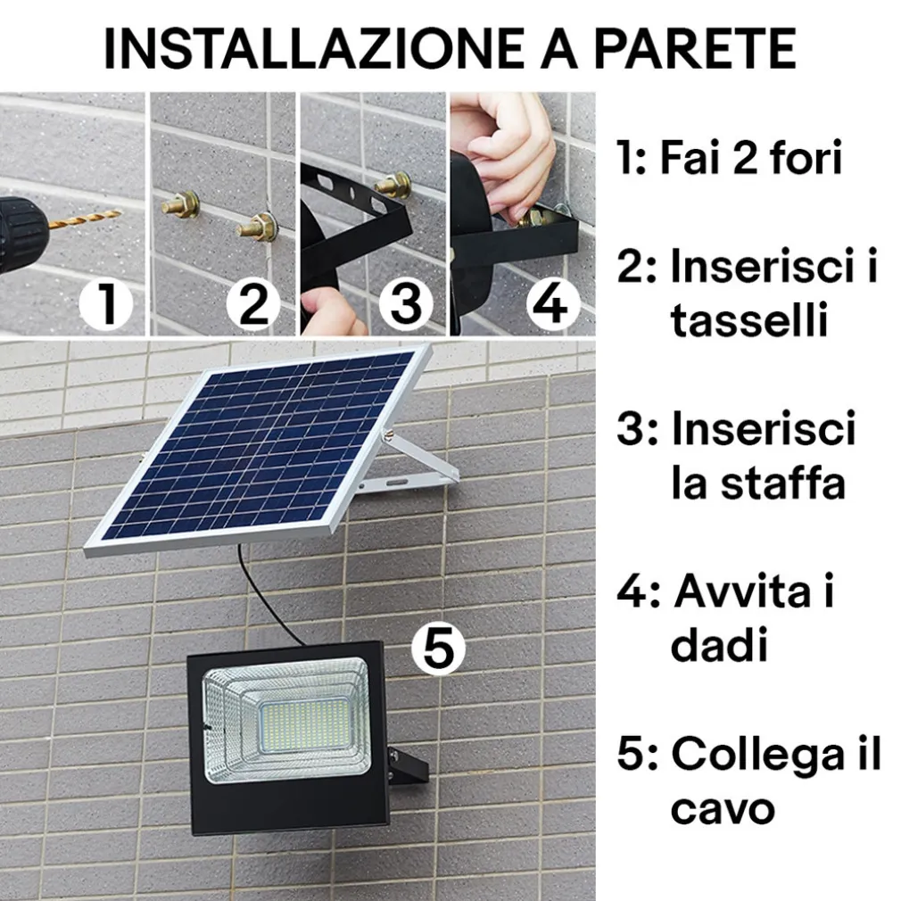 FARETTO LED ESTERNO CON PANNELLO ENERGIA SOLARE 800 W BATTERIA 12 ORE FARO IP67