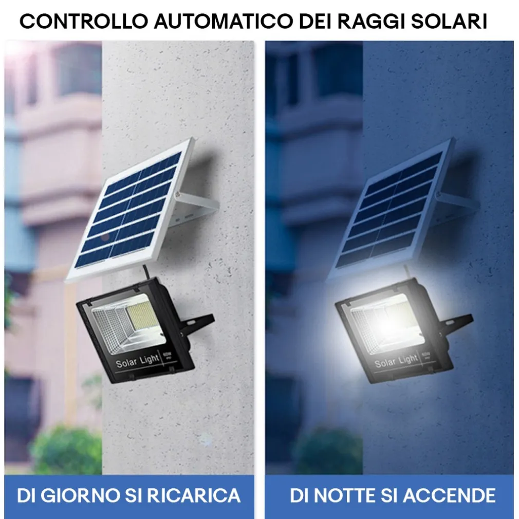 FARETTO LED ESTERNO CON PANNELLO ENERGIA SOLARE 800 W BATTERIA 12 ORE FARO IP67
