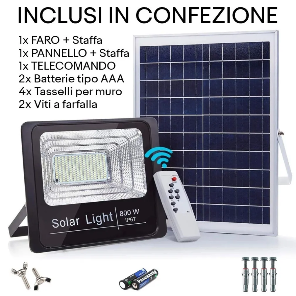 FARETTO LED ESTERNO CON PANNELLO ENERGIA SOLARE 800 W BATTERIA 12 ORE FARO IP67