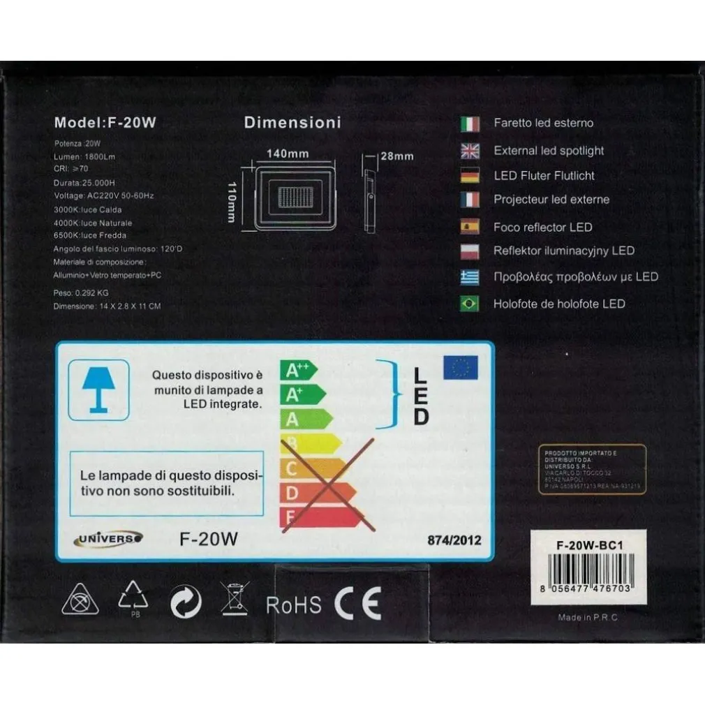 FARETTO PROIETTORE DA ESTERNO 20W BIANCO IP65 LUCE CALDA FREDDA NATURALE F20W-B1