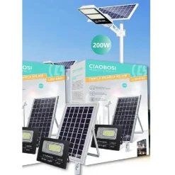 FARO FARETTO LED PANNELLO SOLARE FOTOVOLTAICO IP67 200W CON TELECOMANDO LED-8195