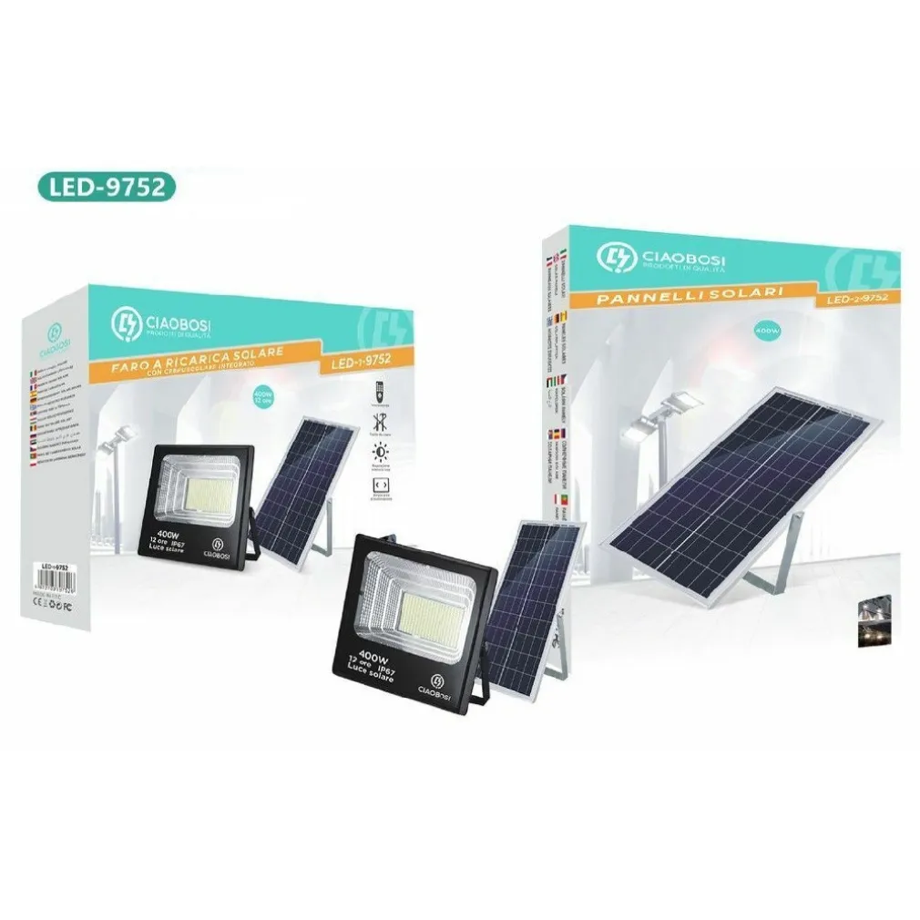 FARO FARETTO LED PANNELLO SOLARE FOTOVOLTAICO 400W IP67 CON CREPUSCOLARE LED-9752