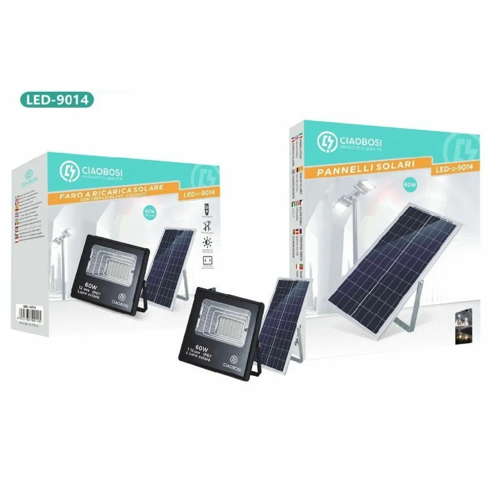 FARO FARETTO LED PANNELLO SOLARE FOTOVOLTAICO 60W CON CREPUSCOLARE IP67 LED-9014