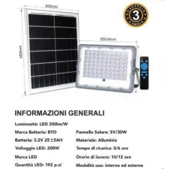 FARO LED 200 WATT CREPUSCOLARE PANNELLO ENERGIA SOLARE TELECOMANDO IP65 SL-200W