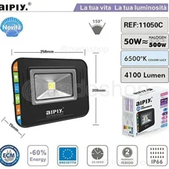 FARO LED IP65 FARETTO LUCE FREDDA FARI DA ESTERNO 50W RESA 500W ALTA LUMINOSITA