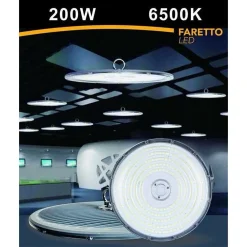 FARO LED SLIM INDUSTRIALE 200W UFO LAMPADA RIFLETTORE IP65 LUCE FREDDA HE02-200W