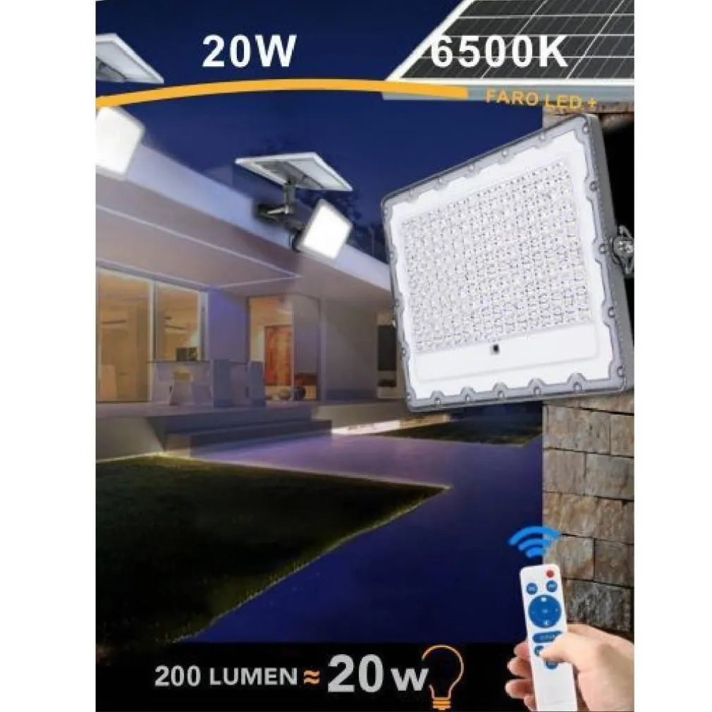 FARO LED SOLARE CREPUSCOLARE 20W PANNELLO ENERGIA SOLARE TELECOMANDO IP65 SL-20W