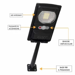 FARO LUCE SOLARE LED 54LED 15W IP65 SENSORE CREPUSCOLARE STAFFA MURO IMPERMEABILE