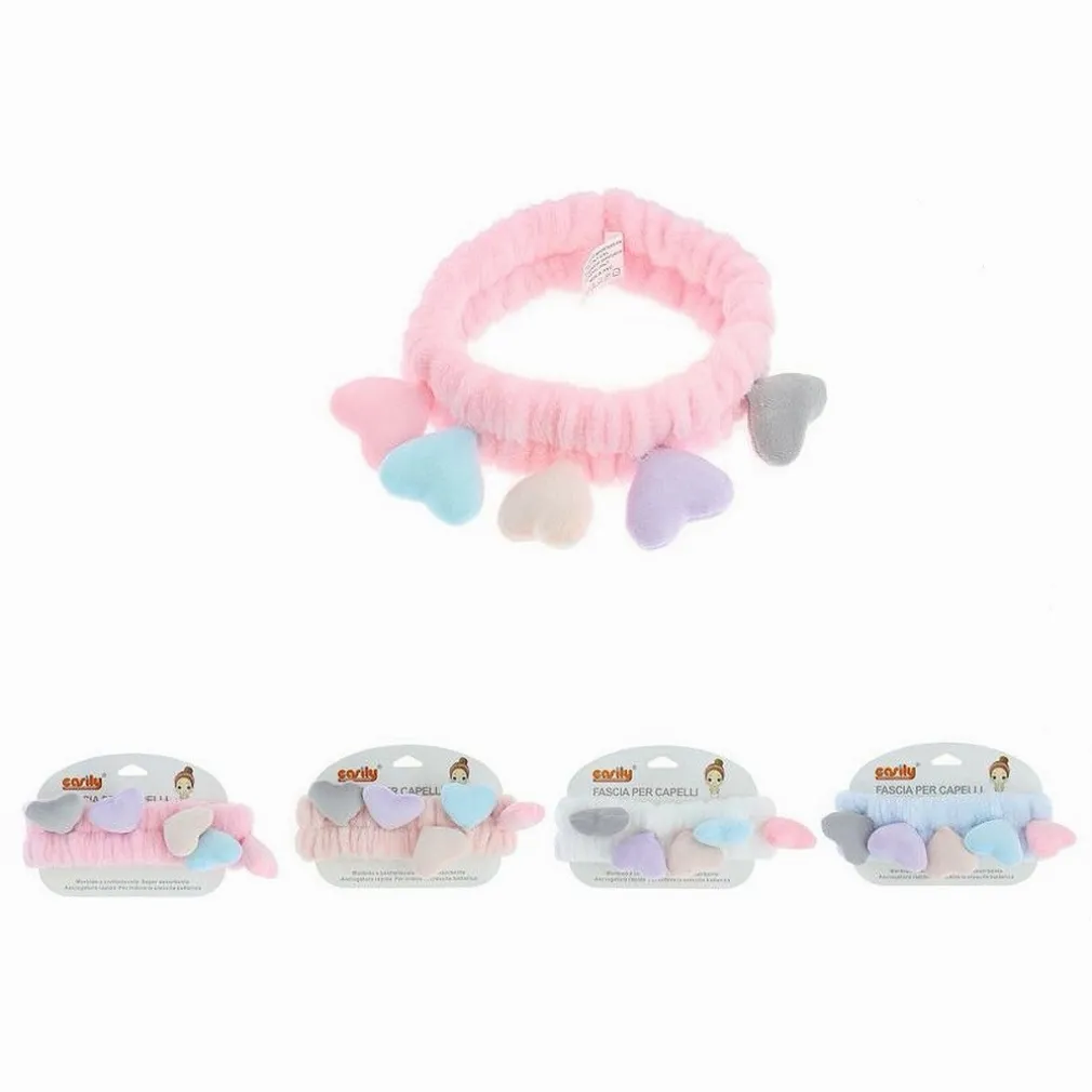 FASCIA CAPELLI DOCCIA SHAMPOO TRUCCO SPUGNA CON CUORI COLORATI 4 COLORI 10749A