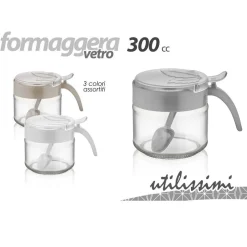 FORMAGGIERA FORMAGGIO CON CUCCHIAIO IN VETRO 300CC COLORI ASSORTITI TONDA 839016