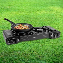 FORNELLO PORTATILE A GAS BUTANO CON VALIGETTA CON DOPPIO BRUCIATORE REGOLATORE FIAMMA