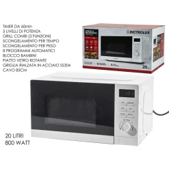 FORNO A MICROONDE DIGITALE BIANCO 20LT 800W 5 LIVELLI POTENZA 8 PROGRAMMI BLOCCO BAMBINI