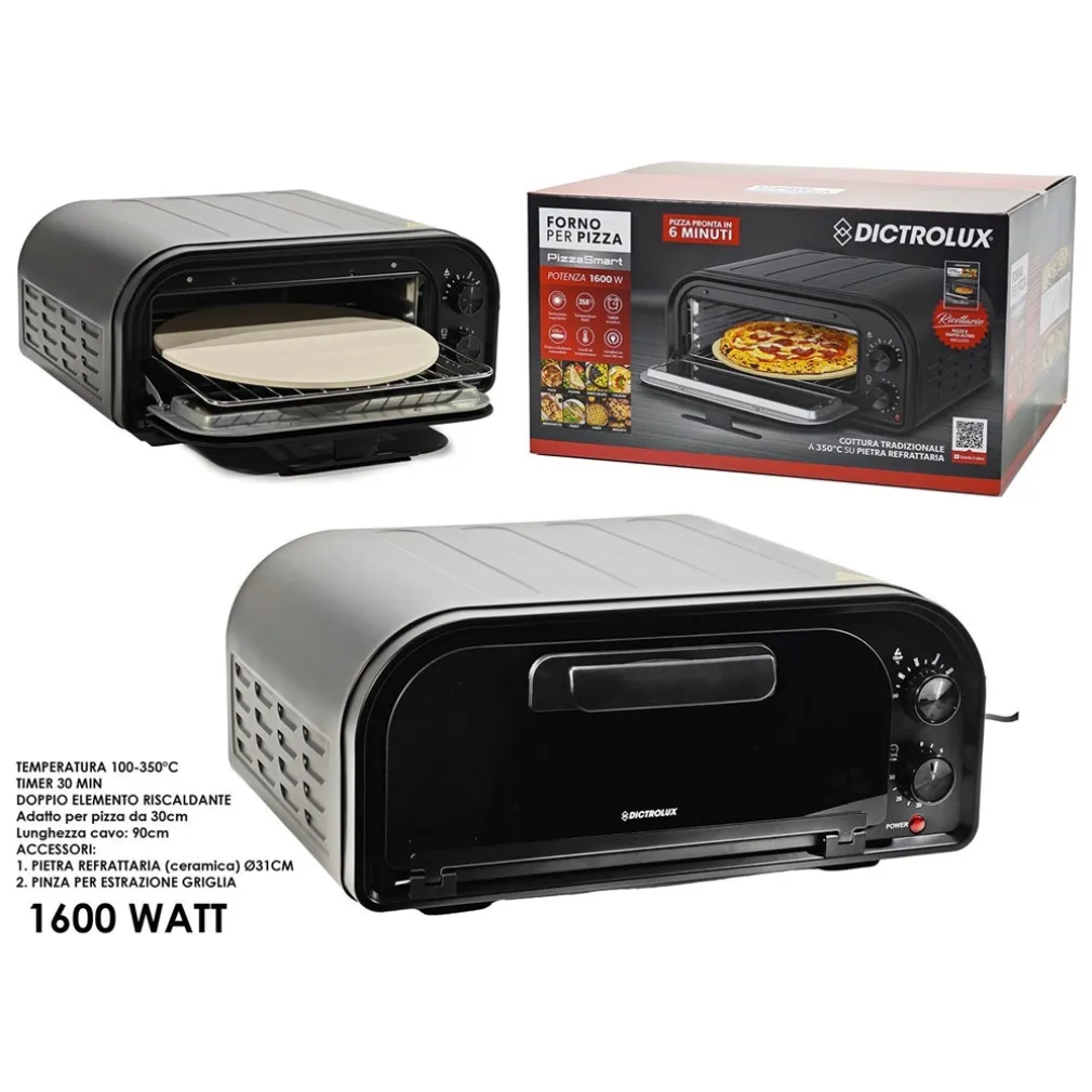 FORNO PER PIZZA CON PIETRA REFRATTARIA 1600W COTTURA RAPIDA DOPPIO ELEMENTO RISCALDANTE