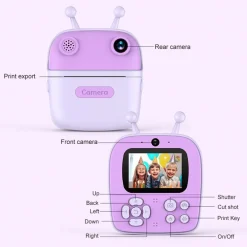 FOTOCAMERA A STAMPA ISTANTANEA PER BAMBINI DIGITALE 1080P DOPPIO OBIETTIVO CON CARTA
