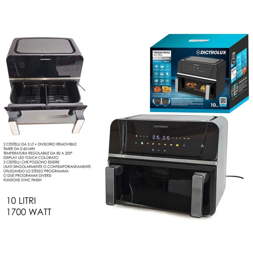 FRIGGITRICE AD ARIA SCOMPARTO DOPPIO O SINGOLO 10LT 1700W DISPLAY LED FUNZIONE SYNC FINISH