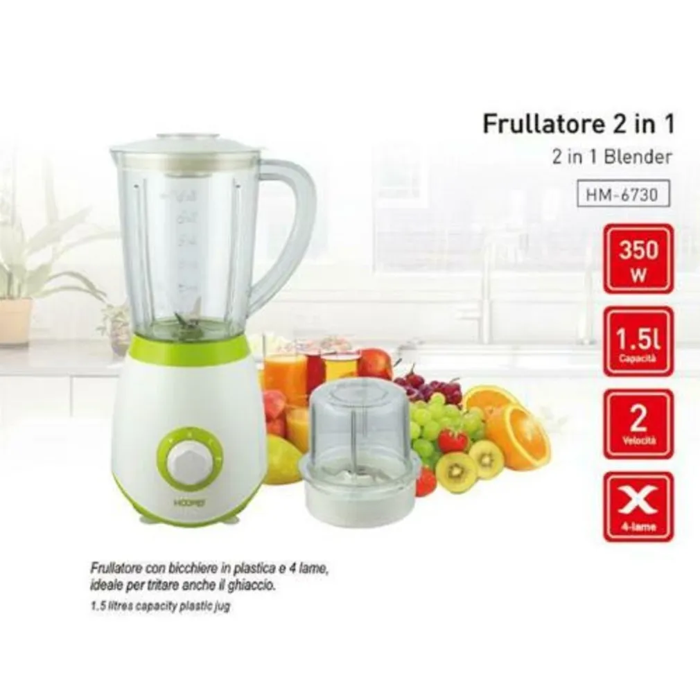 FRULLATORE 2IN1 TRITATUTTO FRUTTA FRULLATI FRAPPE 1,5LT 350 WATT HOOMEI HM-6730