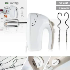 FRUSTA ELETTRICA SBATTITORE FRULLATORE 150W 5 VELOCITA' MIXER IMPASTATORE GANCI