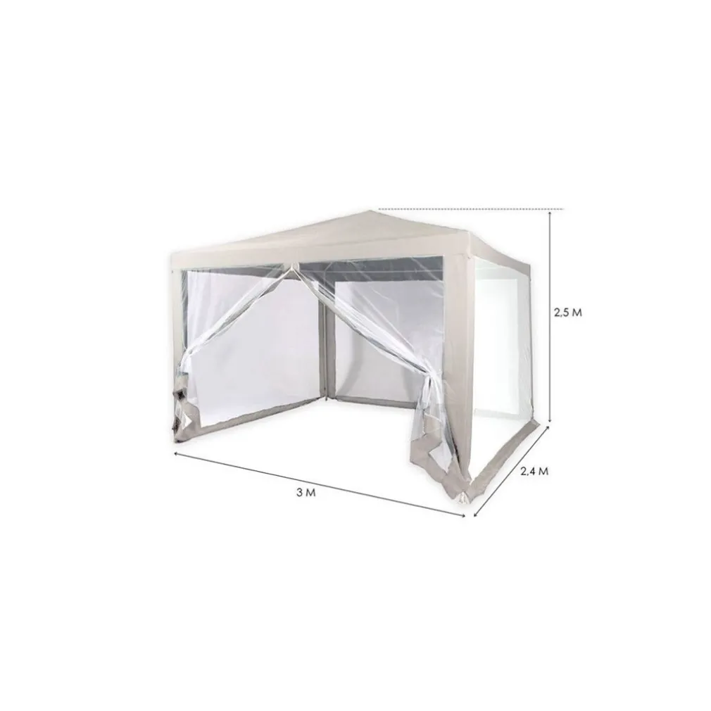 GAZEBO 2,4 X 3 X 2,50 M TENDONE GIARDINO TELO BIANCO IMPERMEABILE CON ZANZARIERA