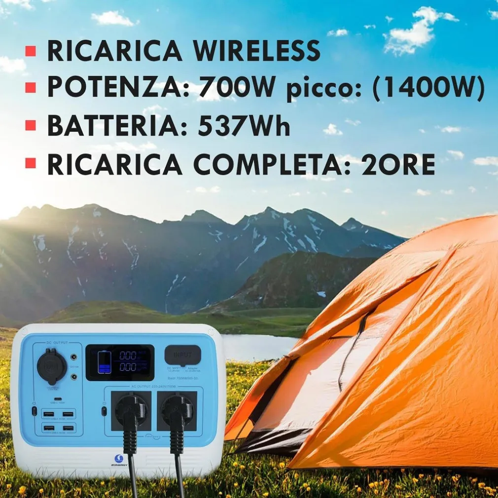 GENERATORE CORRENTE 700W PORTATILE RICARICA SOLARE BATTERIA PRESE SCHUKO AC USB-C