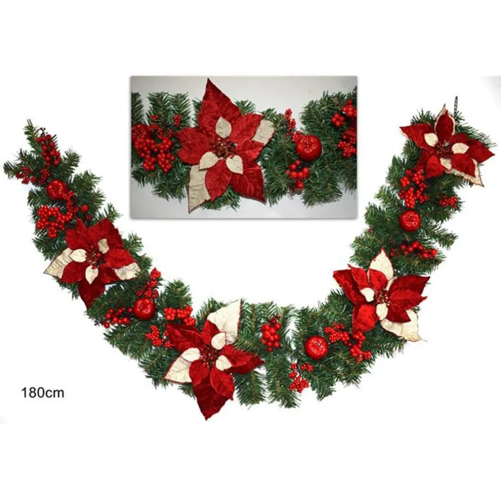 GHIRLANDA NATALIZIA STELLA DI NATALE FIORI E BACCHE DECORAZIONI NATALIZIE 180CM