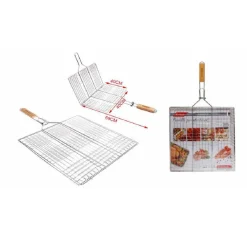 GRATICOLA A RETE GRIGLIA DOPPIA PER BARBECUE 69X40X40 CM MANICO IN LEGNO 2406340