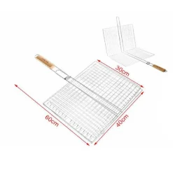 GRATICOLA GRIGLIA A RETE DOPPIA PER BARBECUE 60X40X30CM CON MANICO LEGNO 2406339