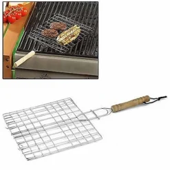 GRATICOLA GRIGLIA QUADRATA IN METALLO 20X20CM CON MANICO IN LEGNO PER BARBECUE