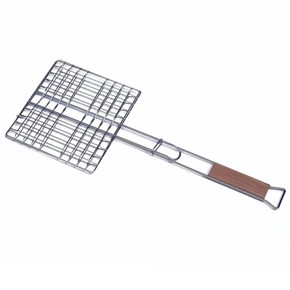 GRATICOLA GRIGLIA QUADRATA 32 X 19 CM CON MANICO IN LEGNO PER BARBECUE