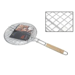 GRIGLIA ROTONDA BARBECUE DOPPIA GRILL MANICO LEGNO GRIGLIATA ARROSTO PESCE 31,5CM